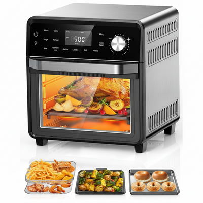 Smart Air Fryer Oven with POWERPORT™ Plug-In Grill for Dual-Zone Efficient Cook, 100 in 1 Advanced Convection Toaster Oven Countertop W/Insulated 2-Glass Door, 450°F Preheat, Stainless Steel