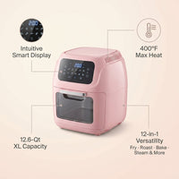 Air Fryer, 12.6-Quart Smart Air Fryer, 12-In-1 Functions - Air Fry, Roast, Reheat, Dehydrate, Bake, Steam, and More, 400°F Max Temperature, Pink — infographic