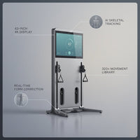 Smart Home Gym Built to Transform Your Workouts, AI Form Correction, 43-Inch 4K Screen, 320+ Movements — infographic