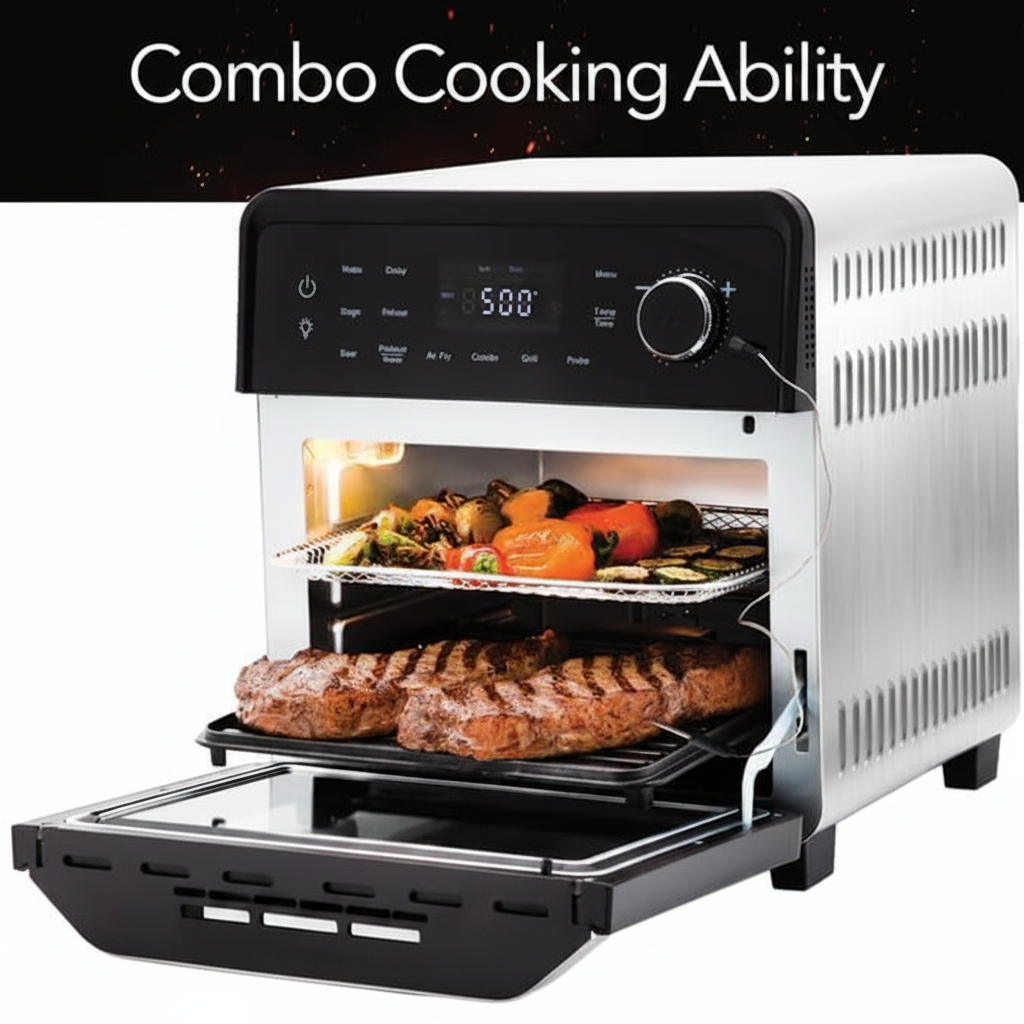 Smart Air Fryer Oven with POWERPORT™ Plug-In Grill for Dual-Zone Efficient Cook, 100 in 1 Advanced Convection Toaster Oven Countertop W/Insulated 2-Glass Door, 450°F Preheat, Stainless Steel