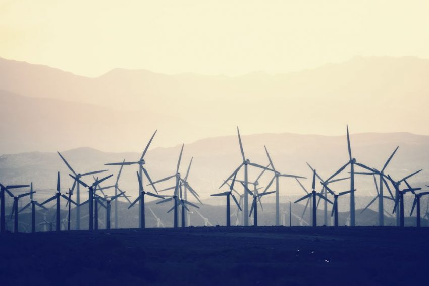 The sun begins setting over a field of wind turbines.